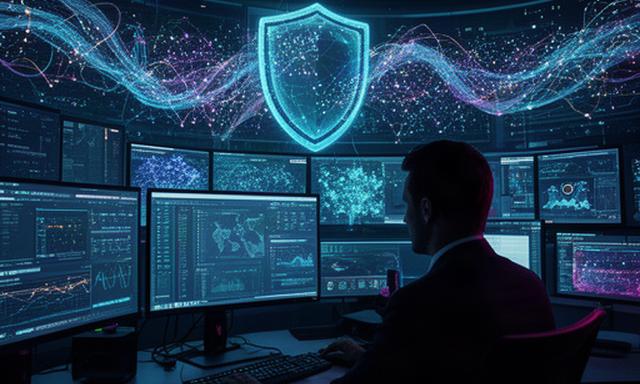 Cybersecurity-analist werkt in een controlekamer met dashboards voor AI-gedetecteerde digitale dreigingen