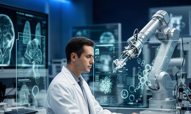 Laboratoriumspecialist bekijkt AI-ondersteunde medische beelden en robotchirurgie in een modern onderzoekscentrum