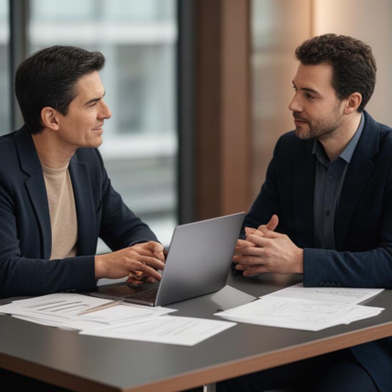 Adviseur bespreekt een AI-portefeuille met een particuliere belegger aan tafel met een laptop en notities