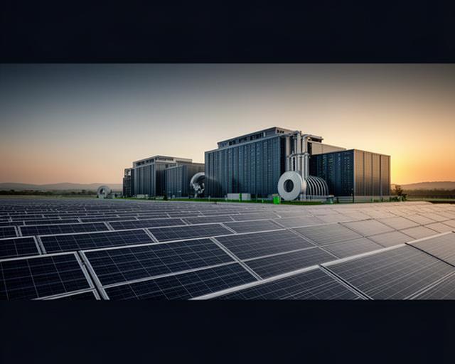 Zonnepanelen naast een modern AI-datacentrum bij zacht avondlicht
