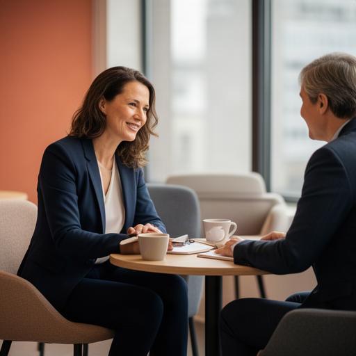 Tjien Buhling voert een persoonlijk gesprek met een cliënt in een kantoor
