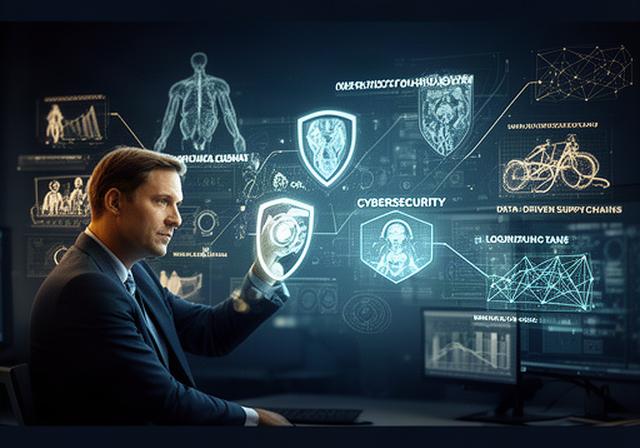 Professionele belegger analyseert een digitaal sectorscherm met medische technologie, cyberveiligheid en logistieke data