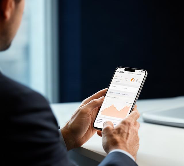 Belegger bekijkt een helder AI-portefeuilleoverzicht op een smartphone aan een bureau